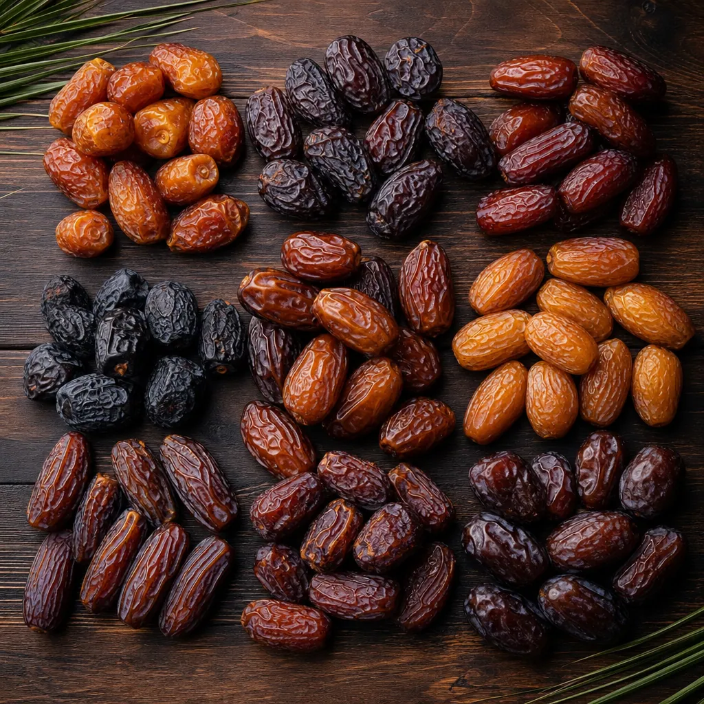 Flat lay aneka varietas kurma premium Kurma Barari dari berbagai negara